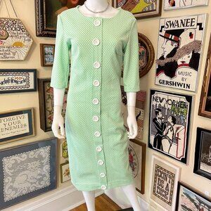 70s Vintage Green & White Polyester Button-Front Cropped Sleeve Shift Dress S